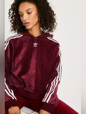 Adidas size S Originals Velour Cropped Hoodie Sweatshirt Burgundy